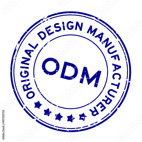 Grunge blue ODM Original Design Manufacturer word round rubber seal stamp on white background