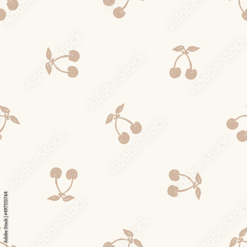 Calm newborn minimal cherry seamless pattern. Gender neutral baby nursery decor background. Scandi style sketch wallpaper background tile or toddler inclusive apparel fashion.
