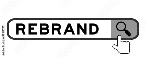 Search banner in word rebrand with hand over magnifier icon on white background