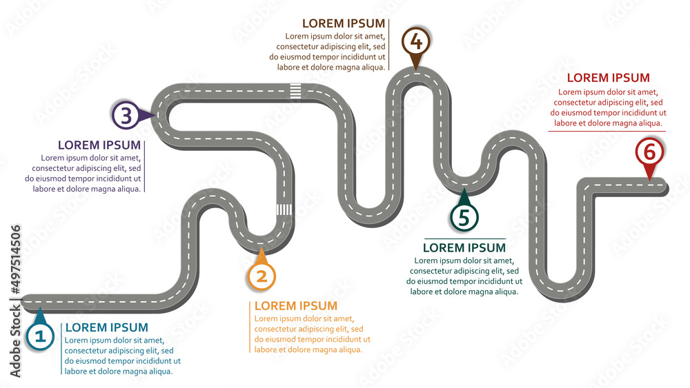 Business workflow roadmap, infographic flat lay style, in 16:9 wide, HD format on white background with 6 check points