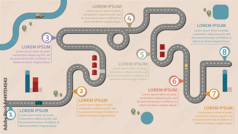 Business workflow roadmap, infographic flat lay style, in 16:9 wide, HD format on colorful city design background with 8 check points