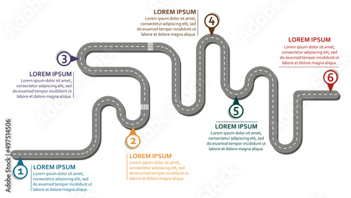 Obraz na płótnie Business workflow roadmap, infographic flat lay style, in 16:9 wide, HD format on white background with 6 check points w salonie