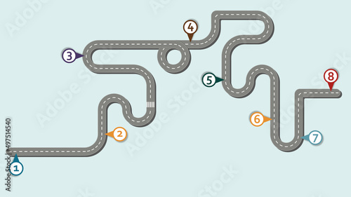 Business workflow roadmap, infographic flat lay style,  in 16:9 wide, HD format on soft blue without text background with 8 check points