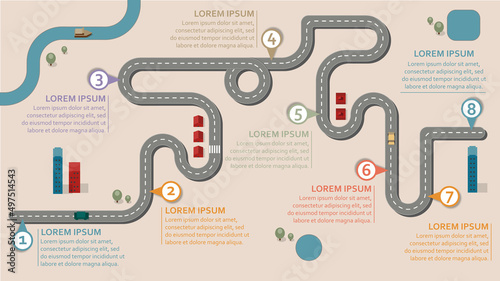 Obraz na płótnie Business workflow roadmap, infographic flat lay style, in 16:9 wide, HD format on colorful city design background with 8 check points w salonie
