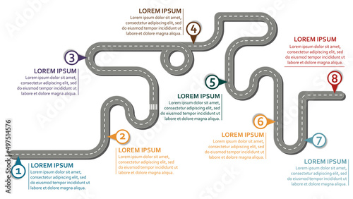Business workflow roadmap, infographic flat lay style,  in 16:9 wide, HD format on white background with 8 check points