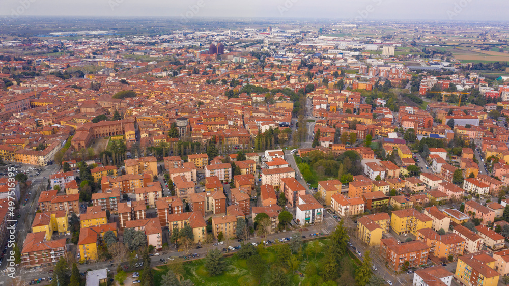 Aerial view of the historic center of Imola, in Emilia-Romagna, Italy.