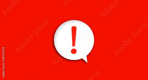 Red notification reminder icon chat message of attention alert alarm notice sign or flat design social button important caution symbol and warning urgent exclamation isolated on 3d danger background. photo