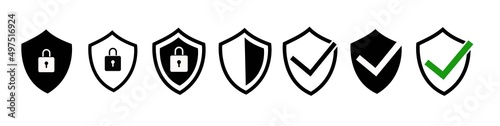 Set of multiple shields icons with reliability mark as sign of multi-level protection and trustworthy security