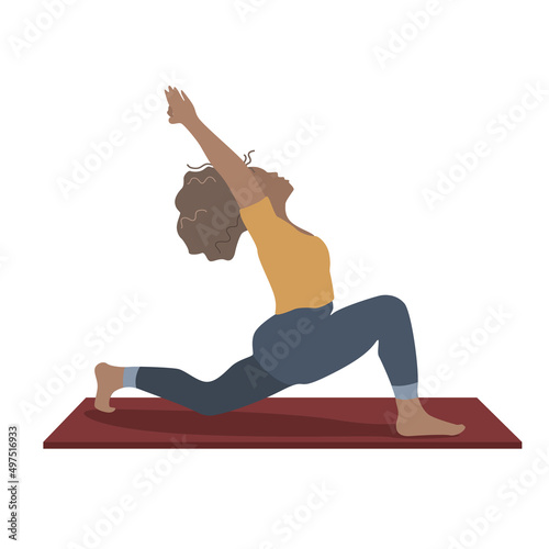 A tanned woman does yoga on a red carpet. A woman does sports