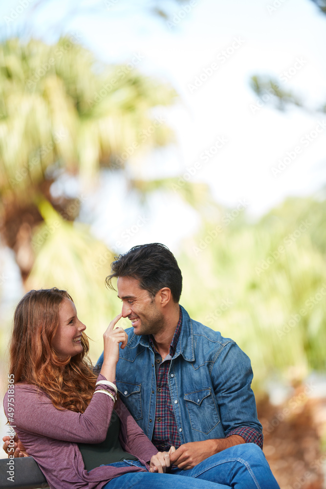 Fototapeta premium What we found in each other is precious and priceless. Shot of a smiling young couple enjoying the day together at the park.