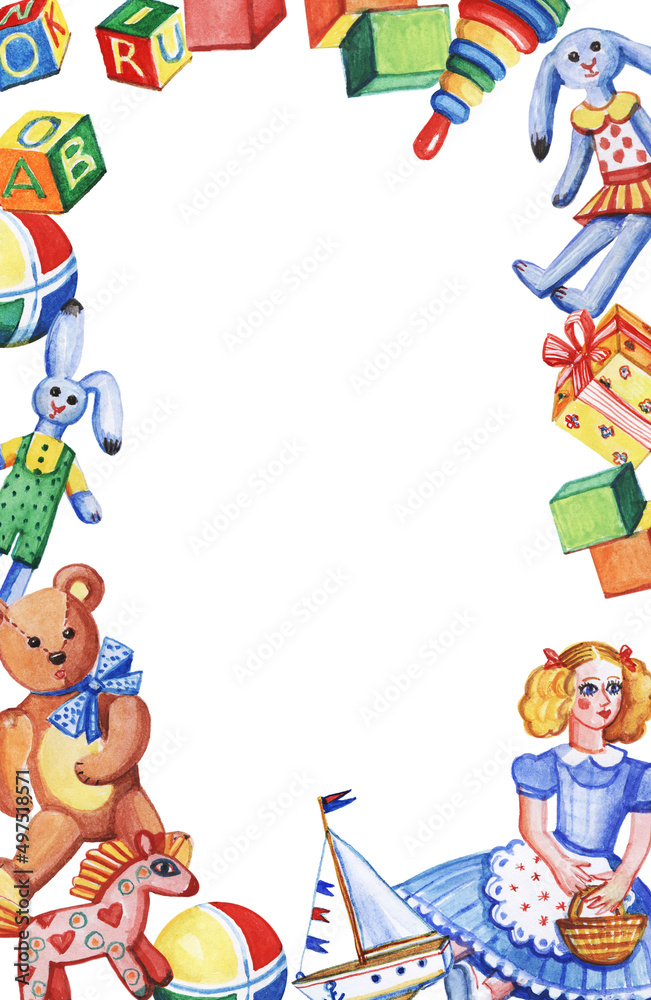 Watercolor frame with children's toys. Doll, teddy bear, teddy hare, cubes, ball and others.
Watercolor frame with children's toys. Doll, teddy bear, teddy hare, cubes, ball and others.
