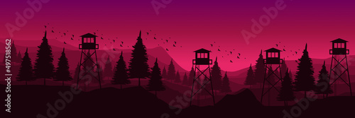 mountain landscape sunrise morning flat design vector illustration good for wallpaper, background, backdrop, banner, web, tourism, and design template