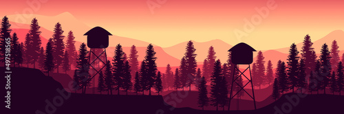 mountain landscape sunrise morning flat design vector illustration good for wallpaper, background, backdrop, banner, web, tourism, and design template