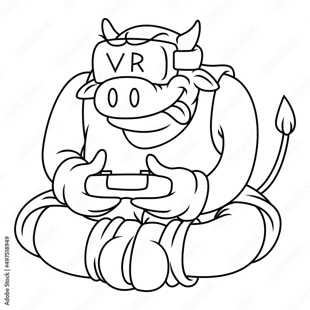 Coloring illustration of cartoon buffalo playing a virtual reality games
