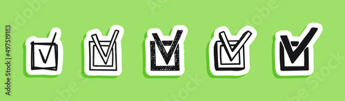 Doodle stickers checkbox set. Hand-drawn scribble check marks in a square. Vector illustration of different signs of the right choice, questionnaire, done.