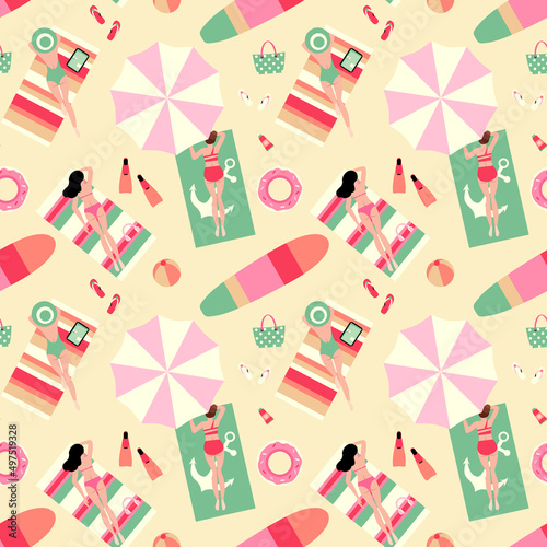 People on the beach, summer vacation holiday concept pattern design, surf board, beach balls, swimming flipper, flip flops, retro pastel color summer time print background