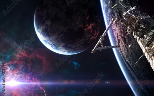 Fototapeta Naklejka Na Ścianę i Meble -  Orbital space station, deep space planets on background of bright star. Science fiction. Elements of this image furnished by NASA