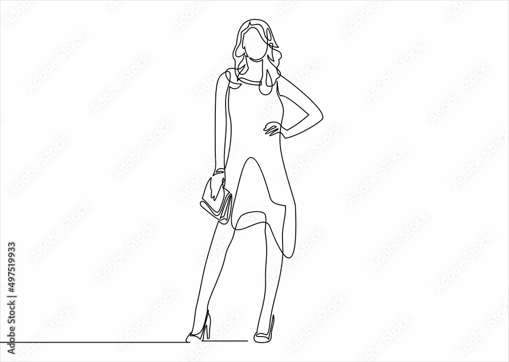 Fashion photo of a beautiful elegant young woman in a dress holding a handbag posing-continuous line drawing Fashion photo of a beautiful elegant young woman in a dress holding a handbag posing-continuous line drawing