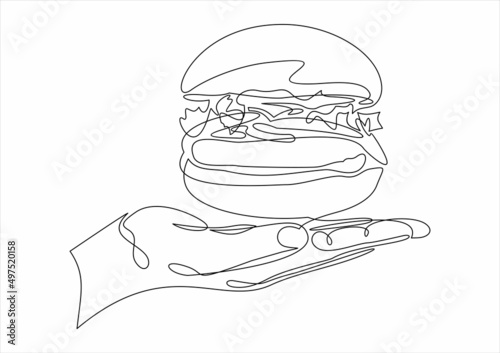 Continuous one line drawing hand holding burger fast food vector illustration.