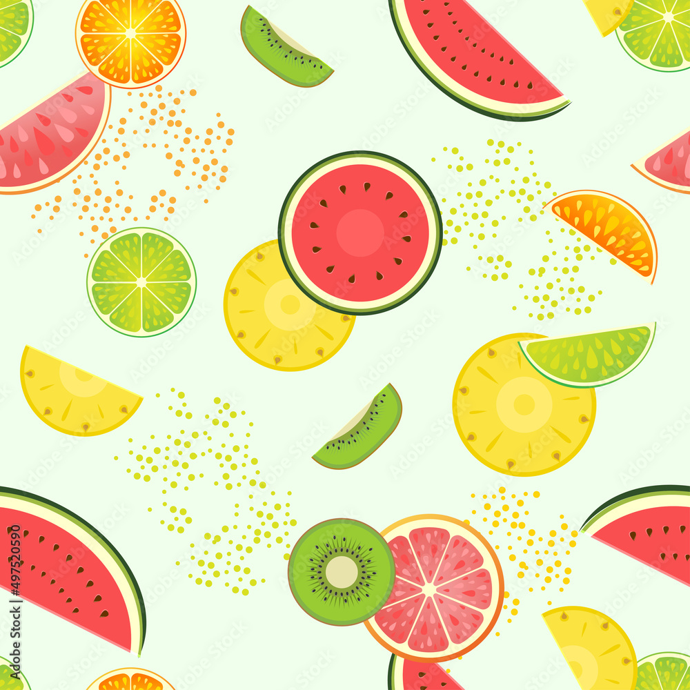 Seamless pattern from a mix of juicy fruits. Vector stock illustration