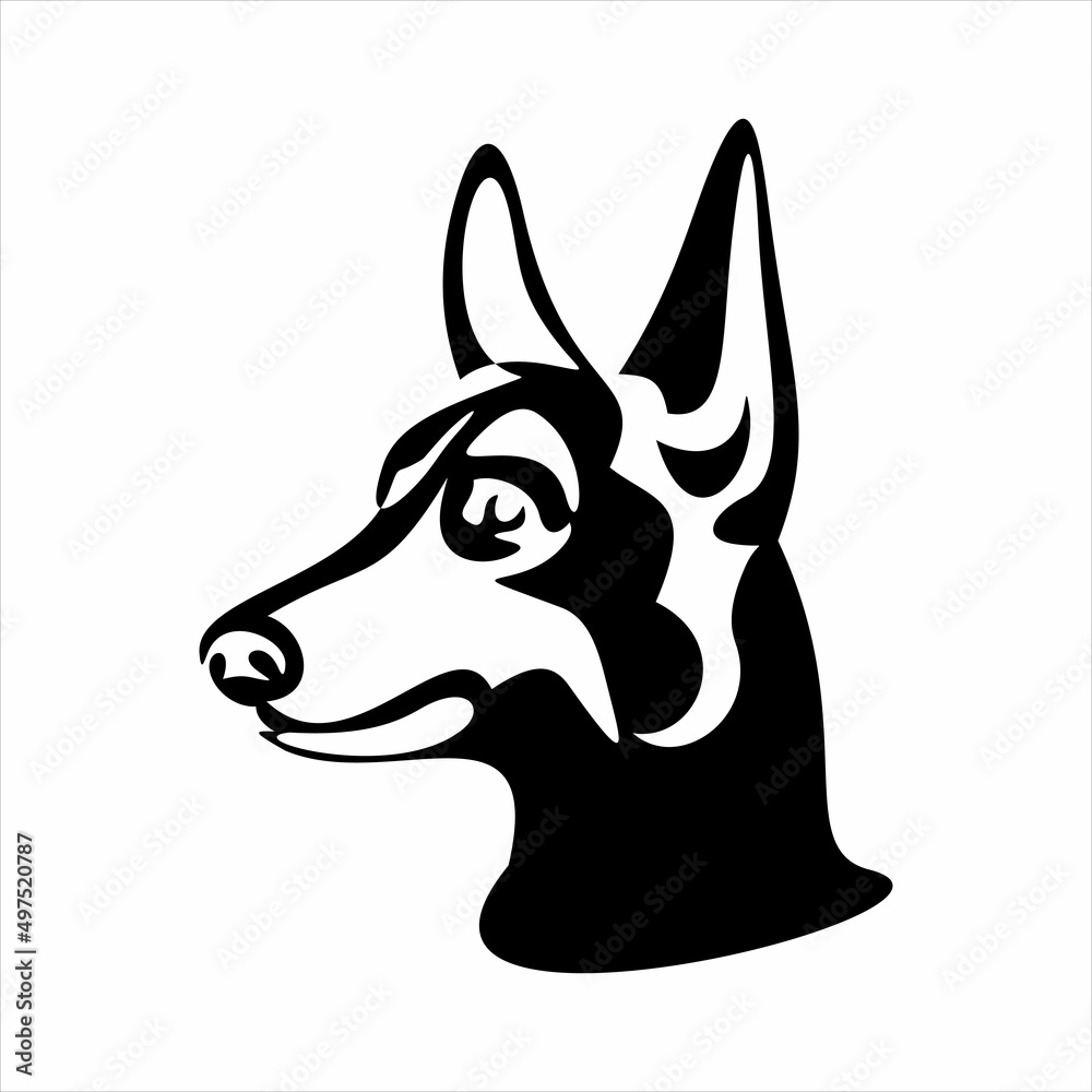 Black and white art of Doberman Pinscher dog head. 
