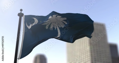 South Carolina state waving flag on blurry background, USA state news illustration. Blurry background