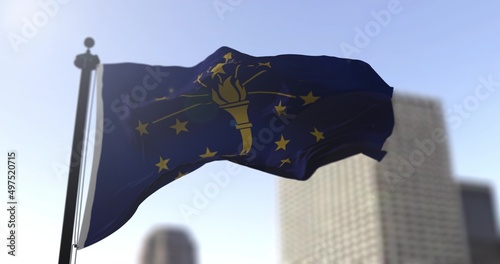 Indiana state waving flag on blurry background, USA state news illustration. Blurry background photo