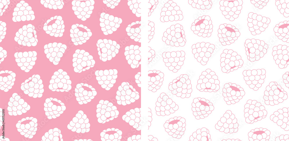 Raspberry vector illustration. Two seamless doodle patterns. Cute cartoon illustration for backgrounds and decor.