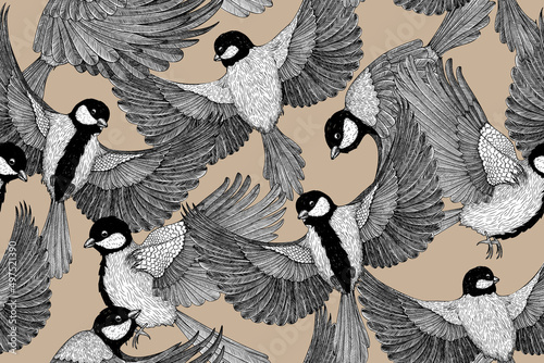 Seamless vector pattern with birds in engraving style. Graphic linear titmouse