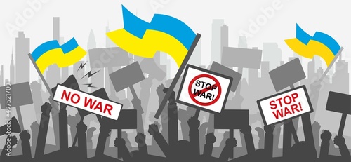 Say no to war. Illustration of peace in Ukraine. Destroyed city background. Stop war and military attack in Ukraine poster concept photo