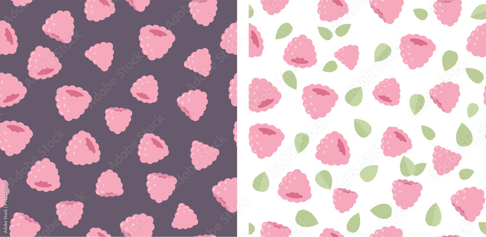 Seamless raspberry patterns. Two vector cartoon illustrations of pink berries. Seamless raspberry patterns. Two vector cartoon illustrations of pink berries.
