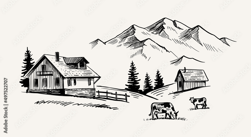 Cow with nature landscape vector ink hand drawn.