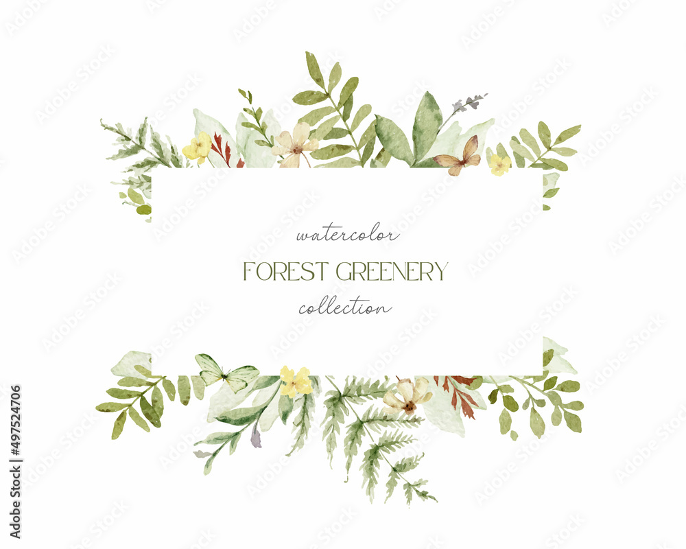 Watercolor vector frame with green forest foliage and flowers.