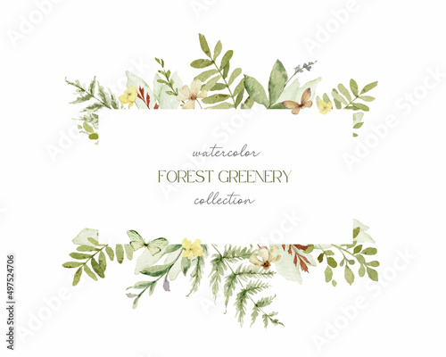 Watercolor vector frame with green forest foliage and flowers.