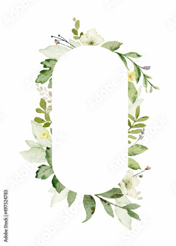 Watercolor vector frame with green forest foliage and flowers.