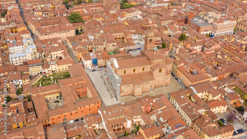 Aerial view of the cathedral of San Cassiano Martyr in the historic center of Imola, Italy.