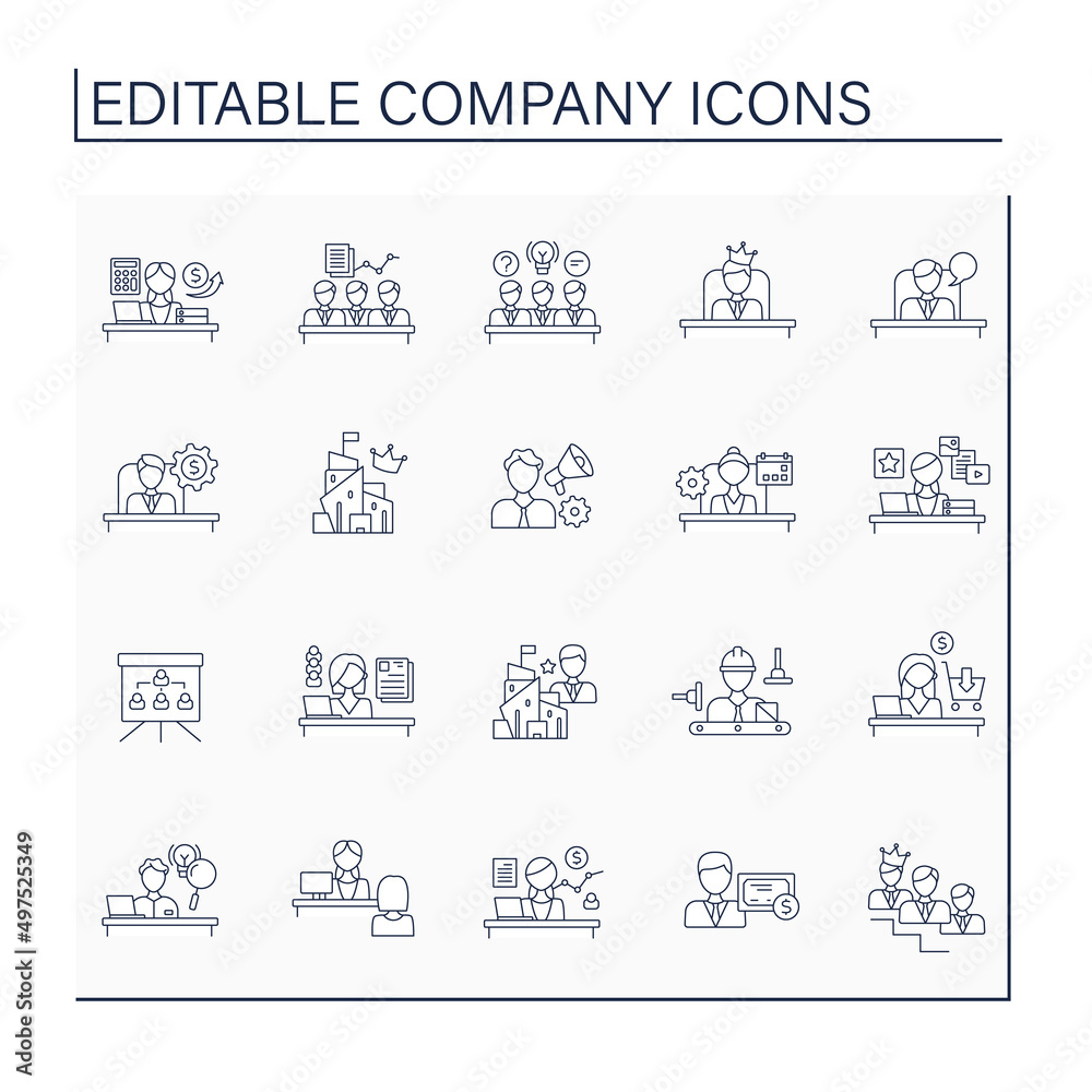 Company line icons set. Main departments and employees. Professions. Business concept. Isolated vector illustration. Editable stroke