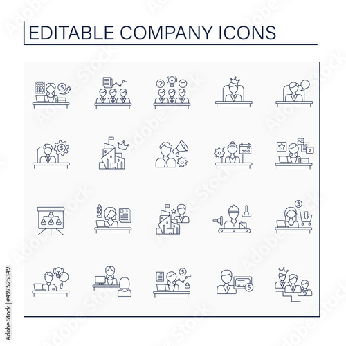 Company line icons set. Main departments and employees. Professions. Business concept. Isolated vector illustration. Editable stroke