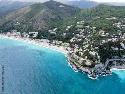 Aerial view of Bergeggi island, heart island from above, in Liguria, north Italy. Drone photography of the Ligurian coast, province of Savona with Spotorno and the island of Bergeggi. photo