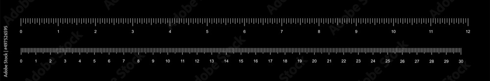 Ruler tape tool set with vertical black line divisions and numbers to measure length Ruler tape tool set with vertical black line divisions and numbers to measure length