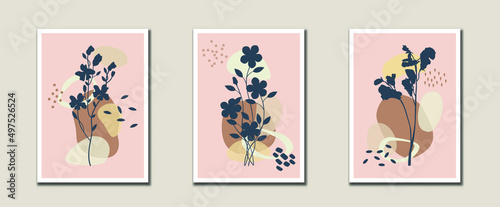 Minimalist abstract flowers and leaves line art, Botanical art vector for print, cover, wallpaper, decoration, Mid century modern wall art