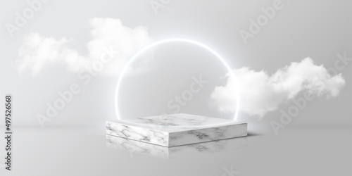 3d marble podium with white shiny circle frame and clouds, pedestal of cube shape