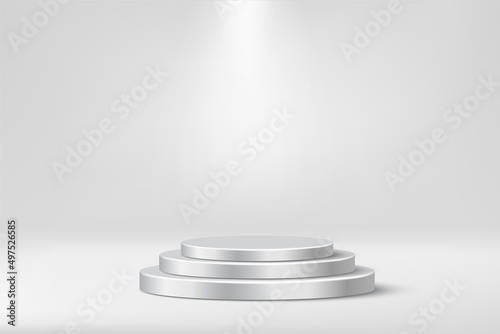 3d cylinder podiums for product presentation in showroom, luxury silver platform