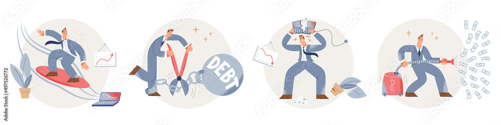 Success and business fail of businessman character set, man surfing, breaking computer Success and business fail of businessman character set, man surfing, breaking computer