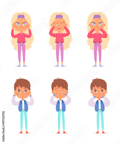 Funny children close mouth, eyes and ears set like, do not see, speak and hear concept