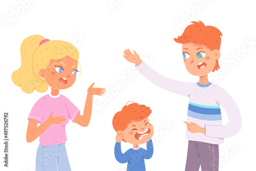 Fototapeta Naklejka Na Ścianę i Meble -  Angry people shout and quarrel during family conflict, sad boy covering ears with hands