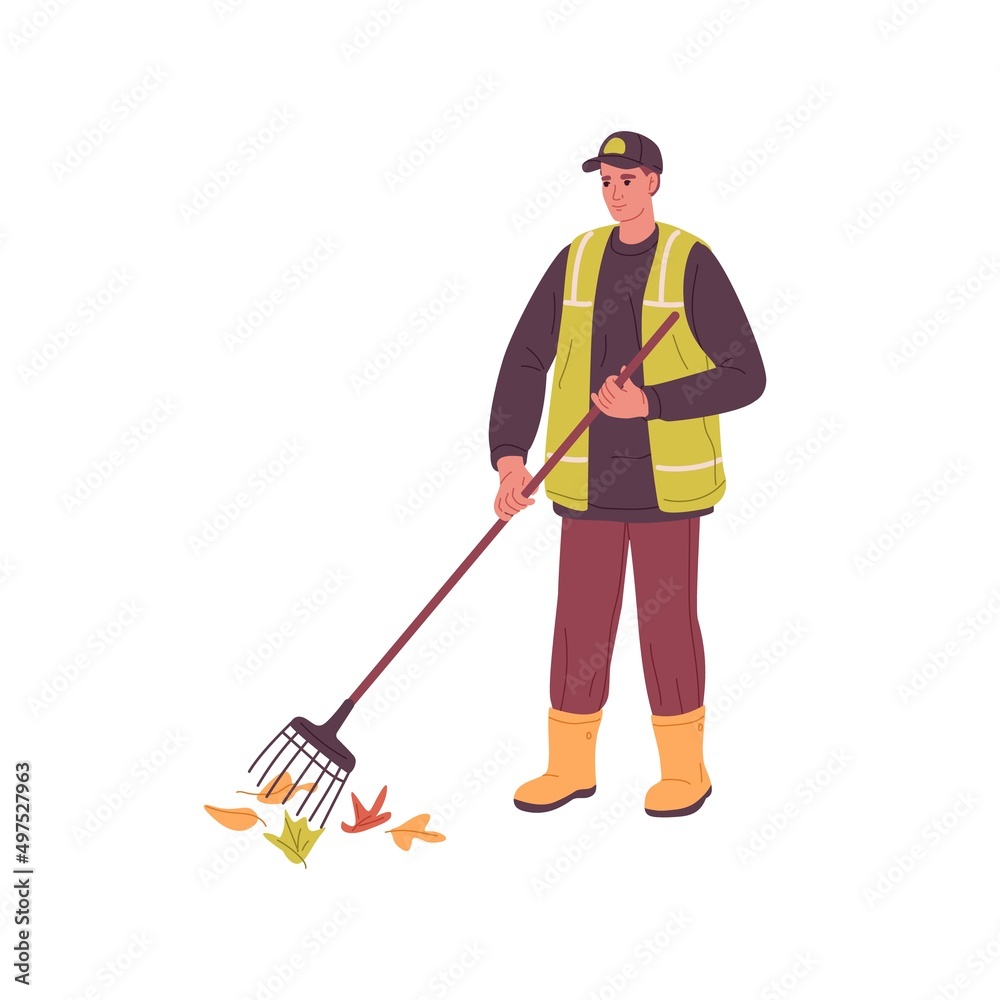 Janitor raking autumn leaf with tool. Worker from utility service works outdoors, cleaning street from leaves, trash in fall. Eco volunteer. Flat vector illustration isolated on white background Janitor raking autumn leaf with tool. Worker from utility service works outdoors, cleaning street from leaves, trash in fall. Eco volunteer. Flat vector illustration isolated on white background