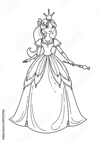 Princess standing in beautiful dress with magic wand. Charming fairy tale girl. Cartoon character vector illustration. Coloring book page, book design element or apparel print. Black and white doodle