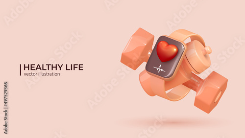 3d set of wireless smart watch with red heart and sport equipment. Realistic fitness inventory, gym accessories in trendy colors. Dumbbell, fitness tracker and water bottle. Healthy lifestyle concept
