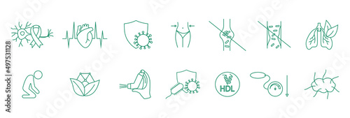 health icon set Multiple Sclerosis, cardiovascular disease, immunity, weight loss, blood clots, lung health, depression, blood pressure
